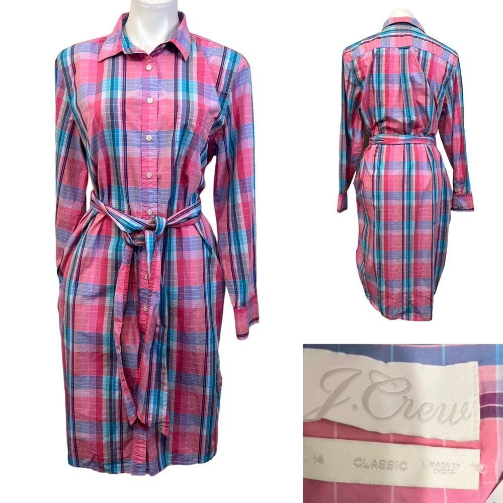 J CREW Classic Fit Crisp Cotton Poplin Shirtdress Pink Blue Plaid plus size 14 - Picture 1 of 7